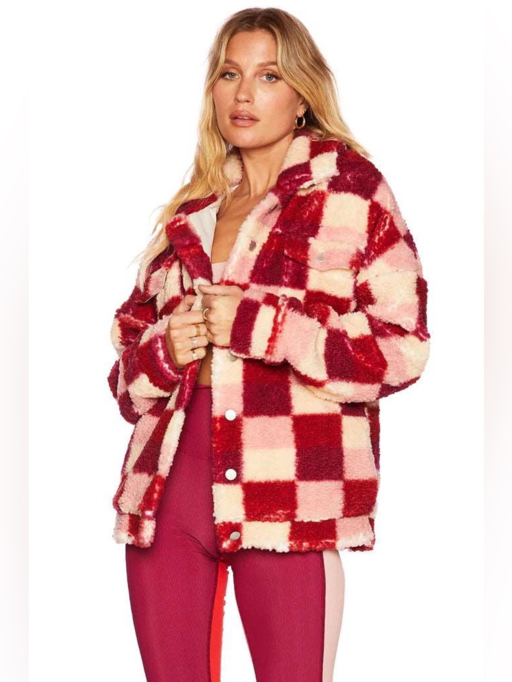 Beach Riot Red, Pink & Cream Checkered Sherpa Jacket